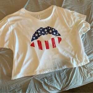 White Graphic Crop Top with Red White and Blue Lips